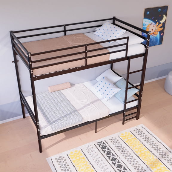 Netrum Twin Bunk Beds Twin over Twin Bunk Bed with Wide Ladder & Safety Guardrail, Metal Heavy Duty Bunk Bed Frame for Teens Adults, No Box Spring Needed, Black