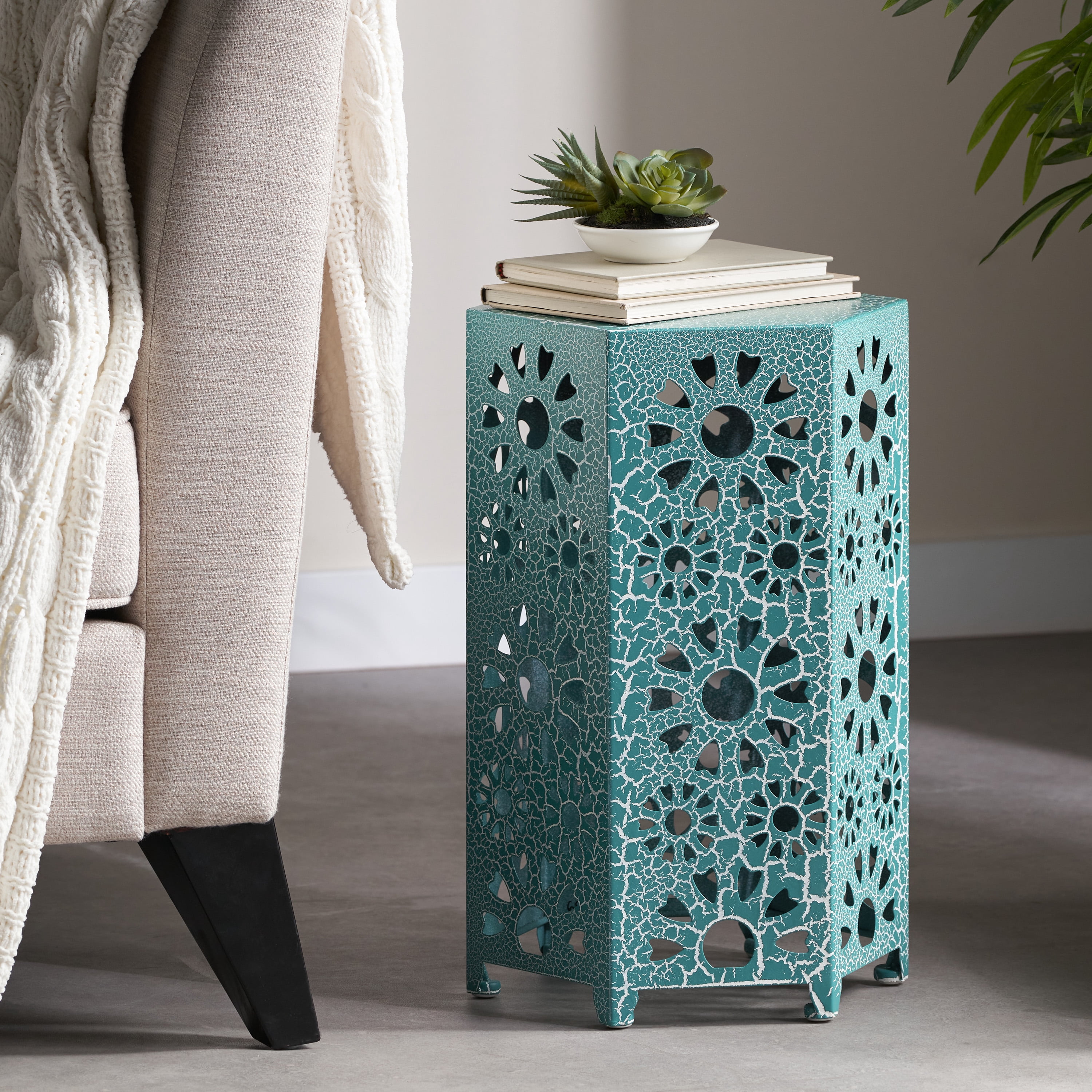 Outdoor Hollow Out Iron Side Table 12 Inch, Craft Accent Table for Patio Garden, Crackle Teal