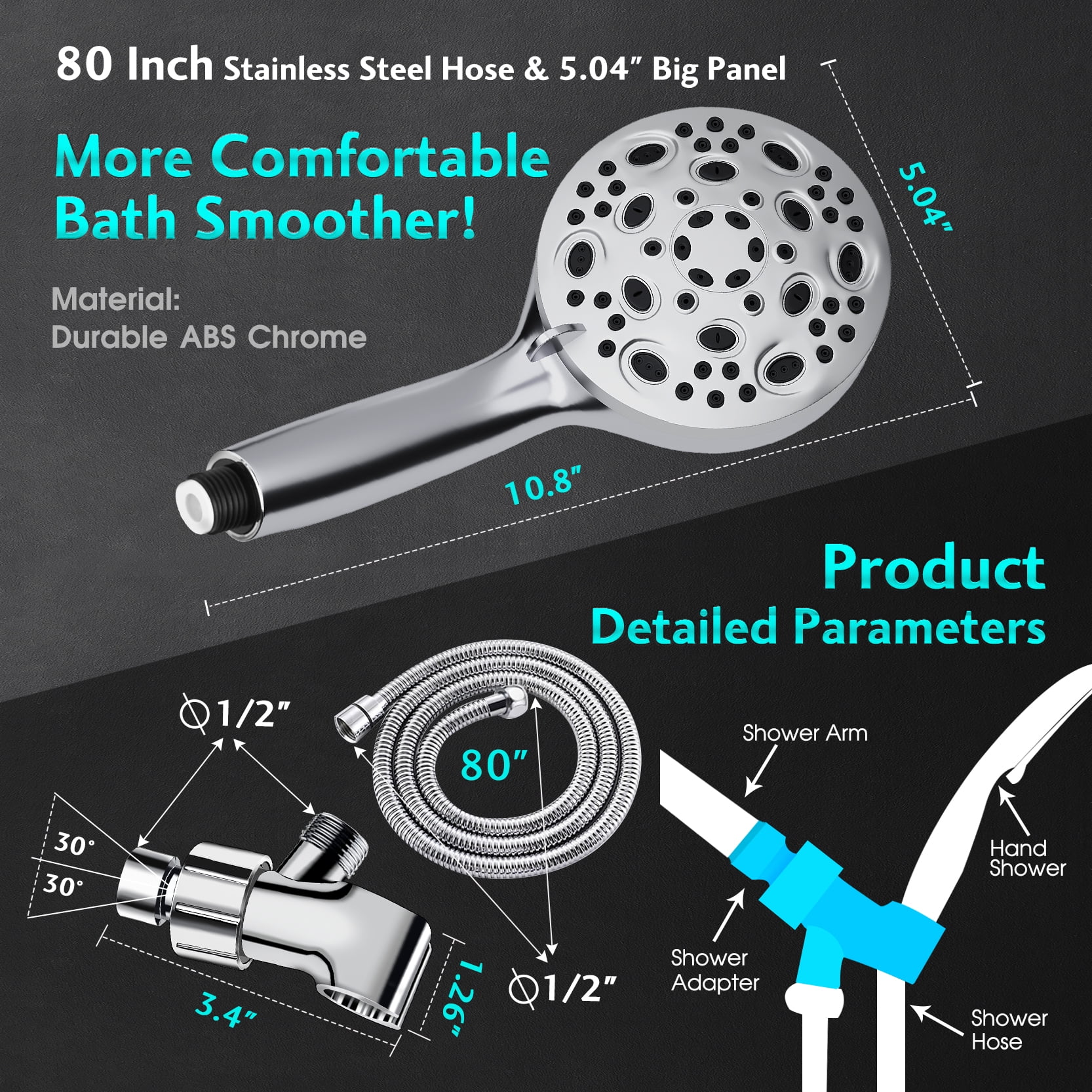 High Pressure Shower Heads, 10 Modes Shower Head with Handheld, Power Wash to Clean Bathroom, 5.04" Rain Showerhead with 80 Inches Extra Long SS Hose, Hard Water Filter & Adjustable Bracket.