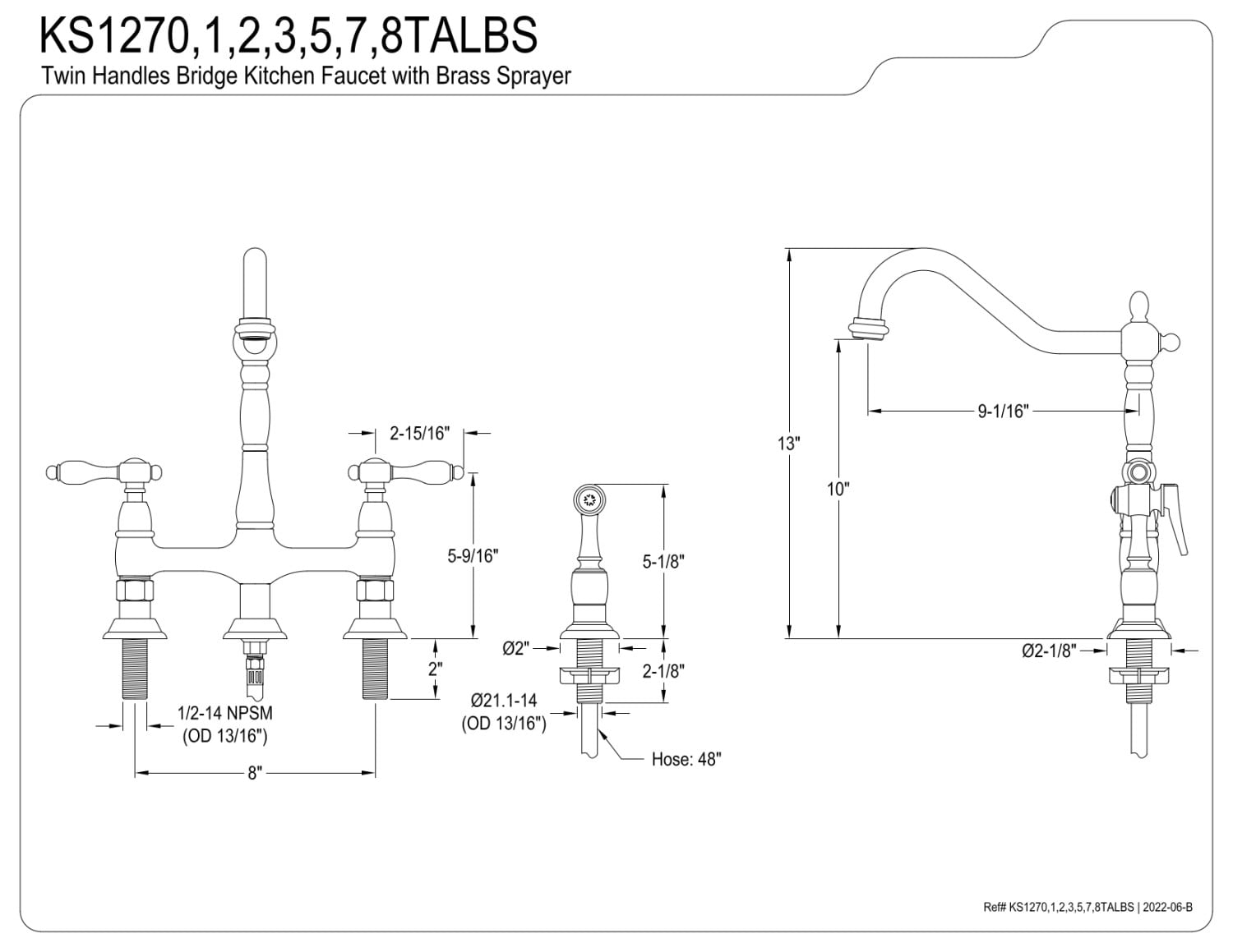Kingston Brass KS1270TALBS Tudor Bridge Kitchen Faucet with Brass Sprayer, Matte Black