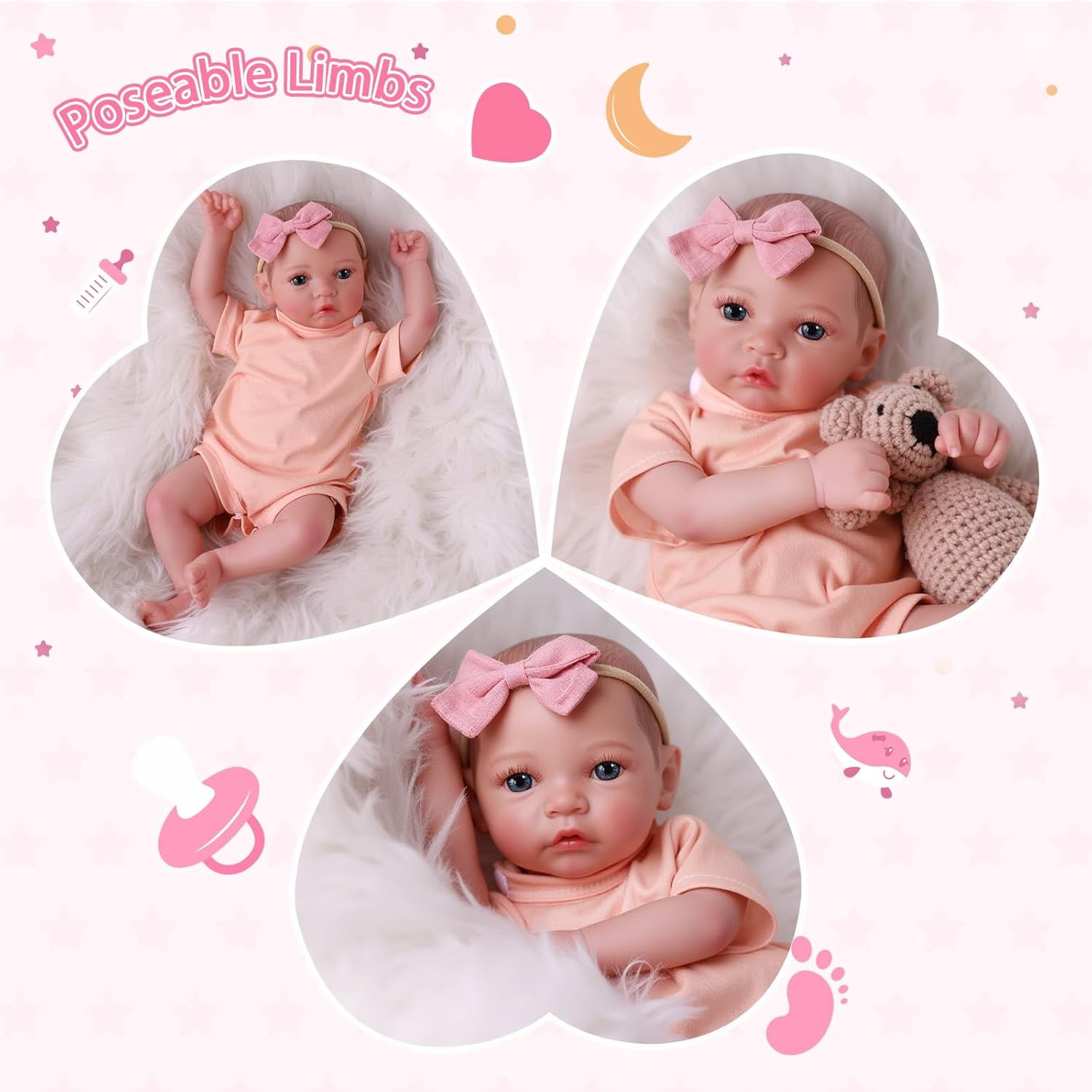 RSG 20 Inch Lifelike Reborn Baby Dolls Soft Cloth Body Handmade Real Life Dolls with Clothes Accessories for Kids Age 3+