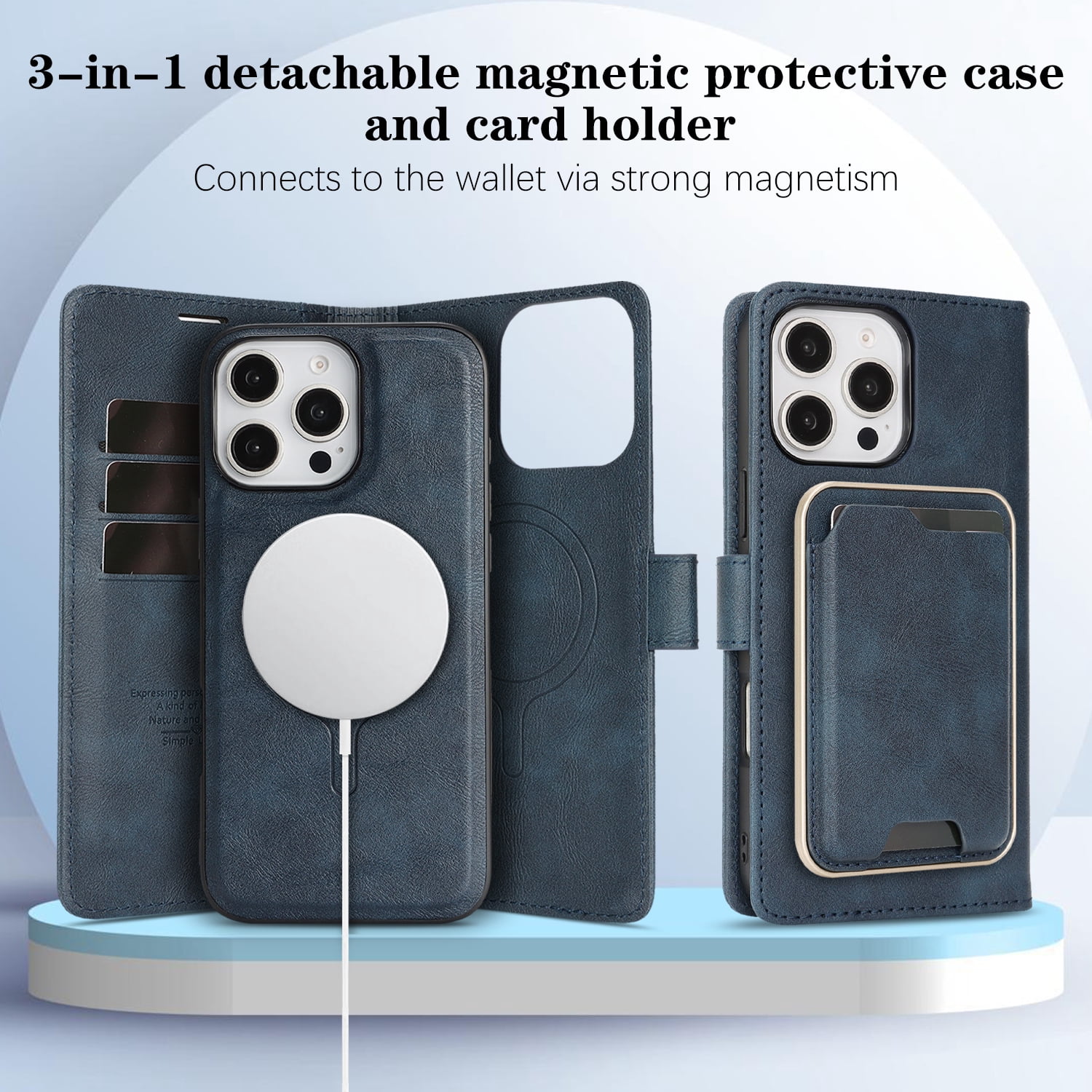 TECH CIRCLE 3-in-1 Phone Case for iPhone 15 Pro Max (2023 Release, 6.7"), Magnetic Flip Wallet Case with Detachable Magnetic Back Cover and Card Holder, Compatible with MagSafe Accessory, Blue