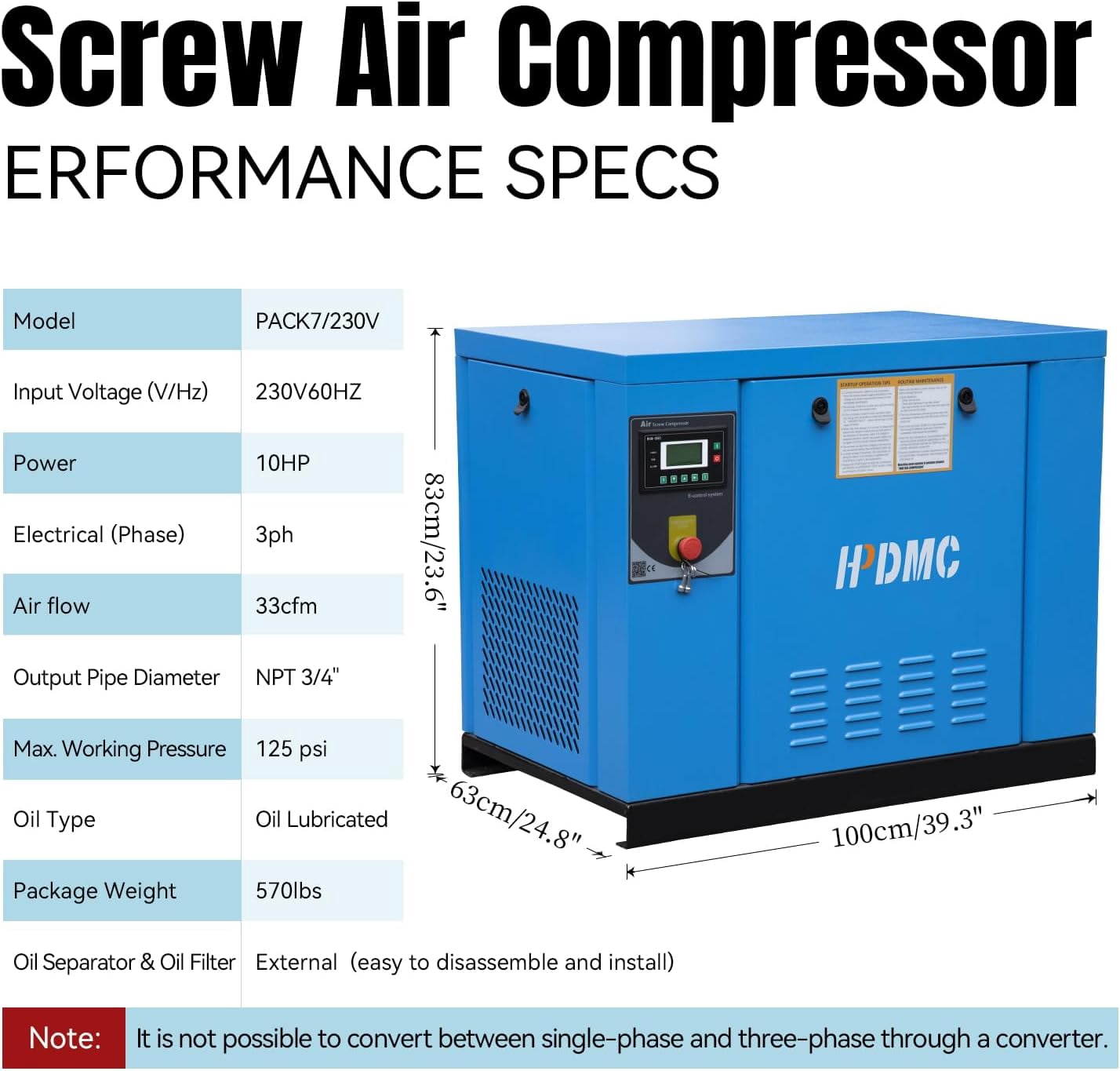 HPDMC 10HP Rotary Screw Air Compressor PACK7, 35 CFM @ 125 PSI, 230V 3-Phase Industrial Compressed Air System for Automotive, Machining and Fabrication
