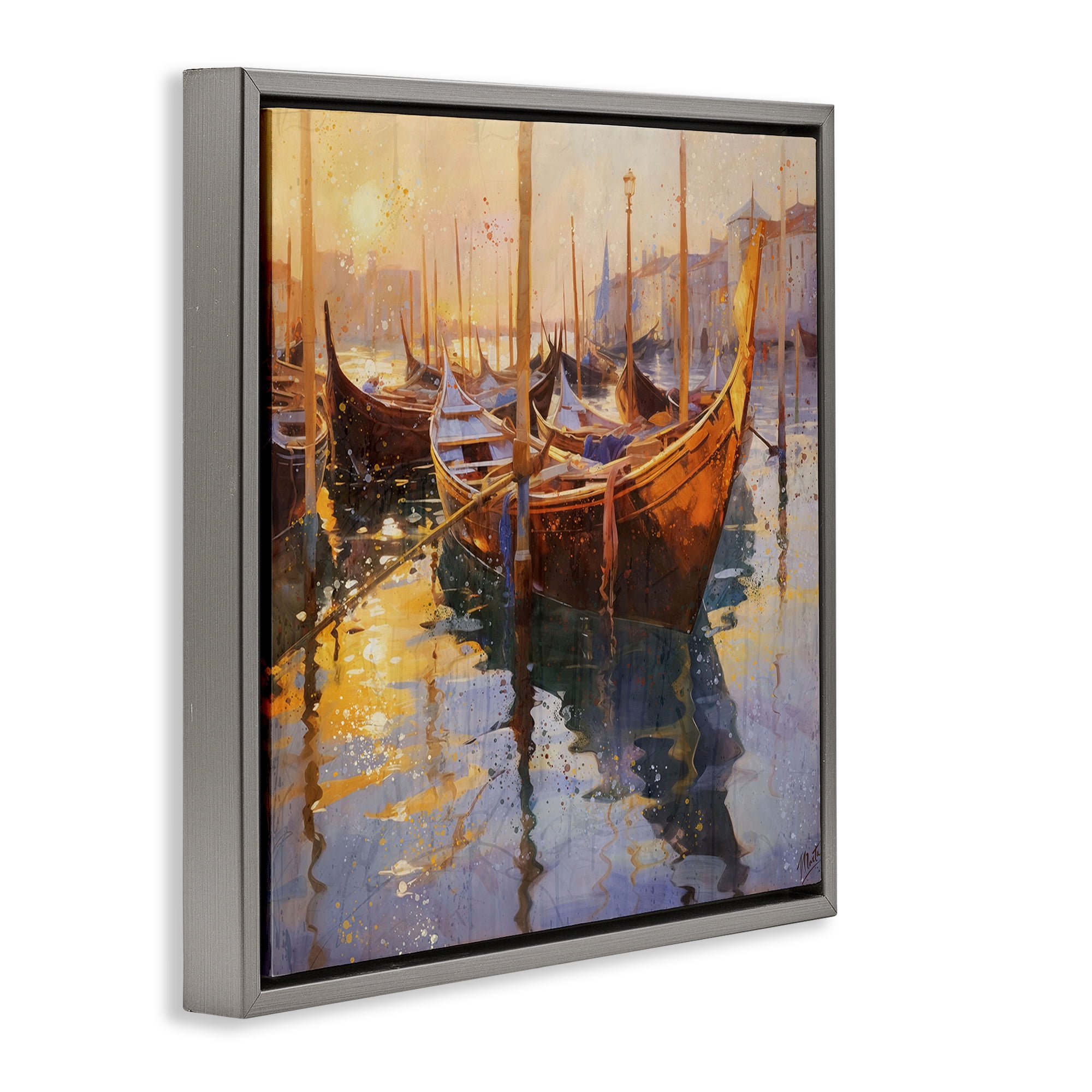 Stupell Industries Venetian Gondolas in Golden Light Gray Framed Floater Canvas Wall Art, design by Marta Wiley