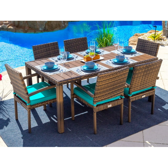 Sorrento 7-Piece Resin Wicker Outdoor Rectangular Dining Table Set in Brown w/ Dining Table and Six Cushioned Chairs (Flat-Weave Brown Wicker, Sunbrella Canvas Aruba)