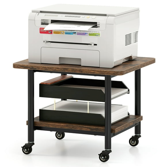 Patiojoy Chariot d'Imprimante à 2 Niveaux sur Roulettes sous le Bureau avec 2 Étagères de Rangement Support d'Imprimante pour Bureau à Domicile Brun