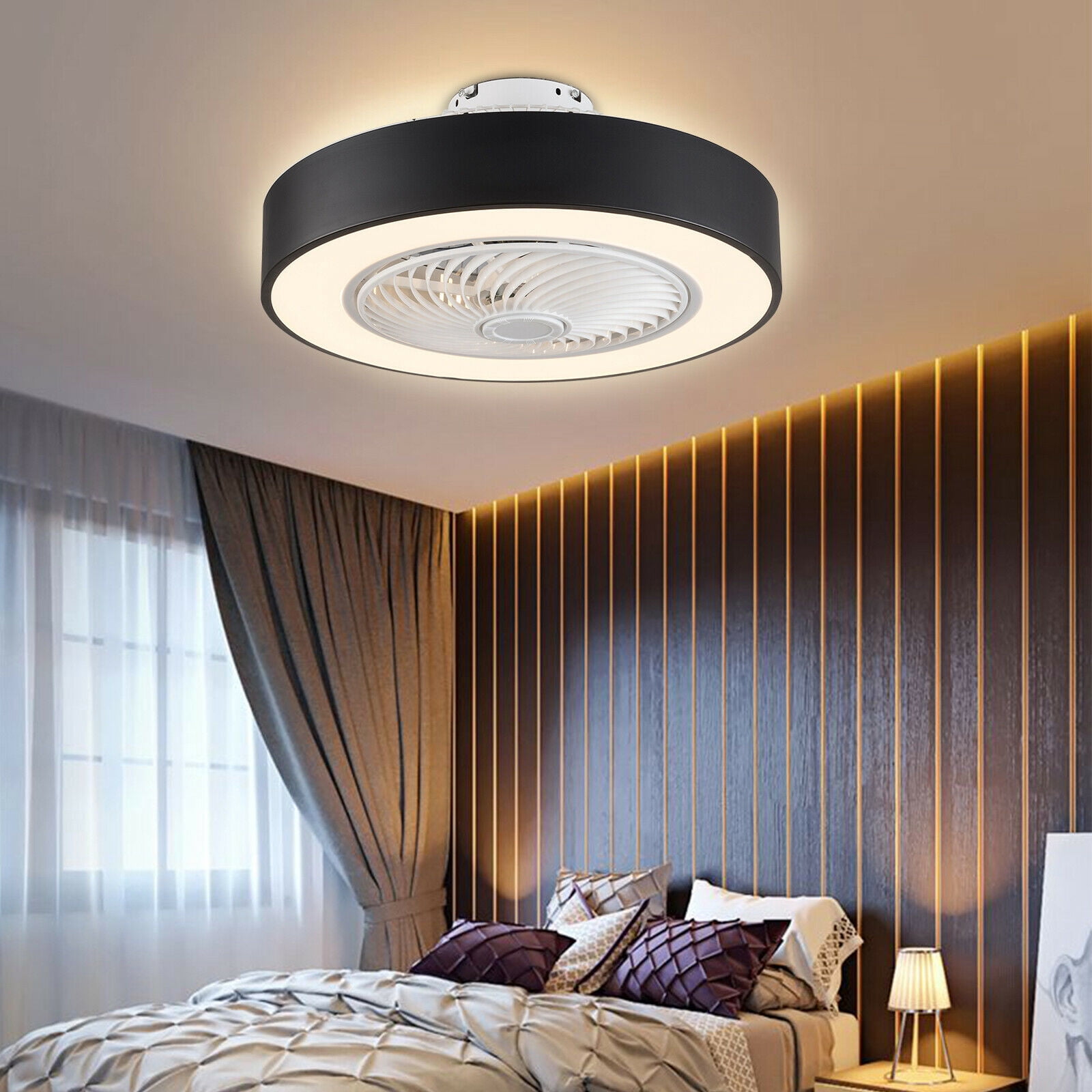 21.6" Ceiling Fan Light Modern Round Chandelier Enclosed Fan Lamp Invisible Acrylic Blades with Remote Control Black