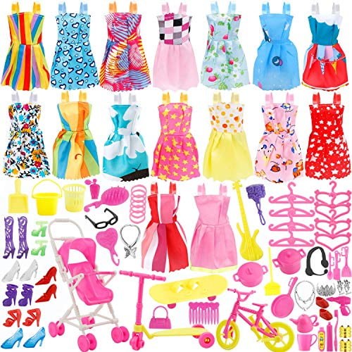 16 Pack Clothes Party Gown Outfits for Barbie Dolls JANYUN Total 114pcs 98pcs Dolls Accessories Shoes Bags Necklace Mirror Hanger Tableware