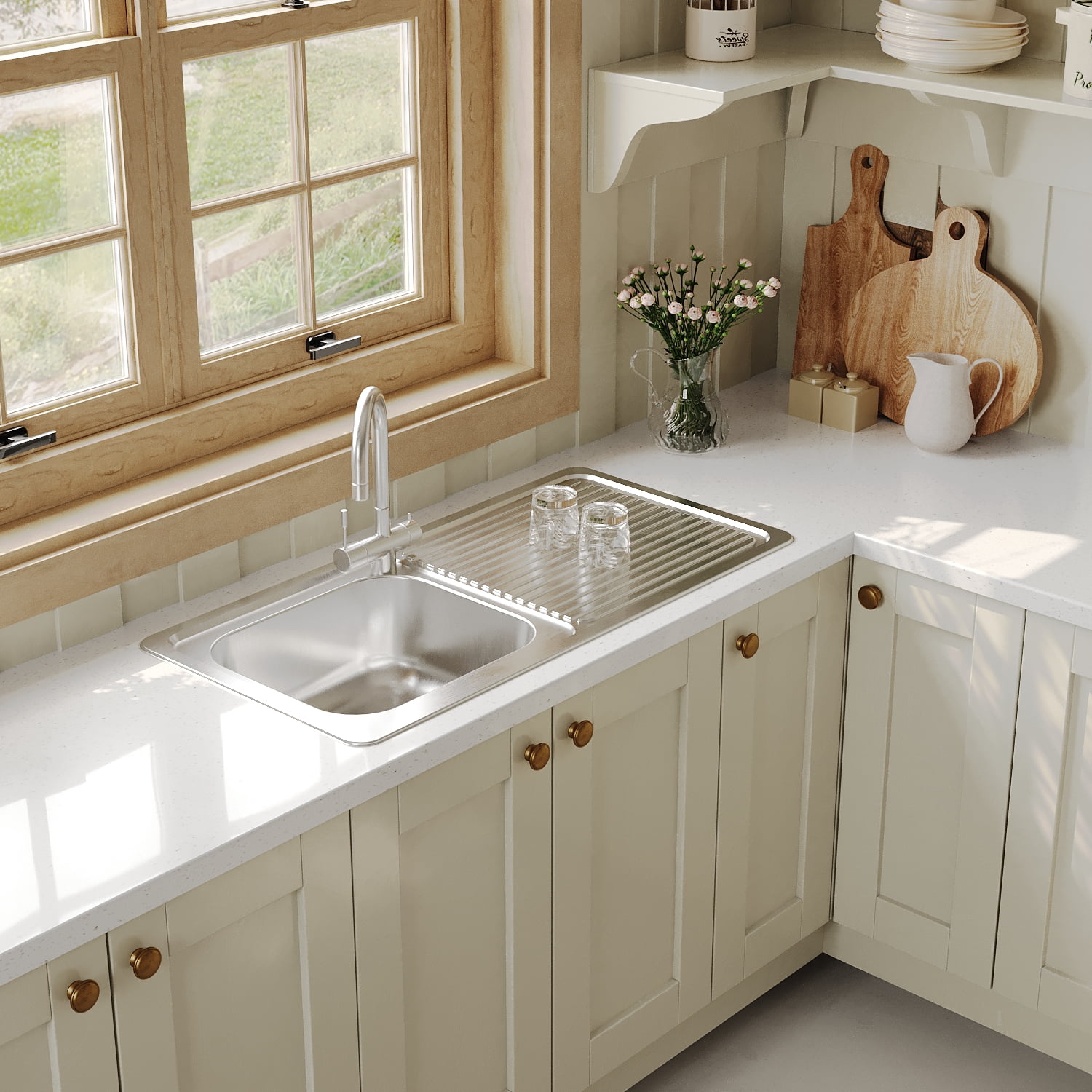 Naiture Drop-In Kitchen Sink, Rectangular Single Bowl Top Mount Sink, 21-Gauge 304 Stainless Steel, 39-3/8" X 20" with Right Drainboard and Single Faucet Hole