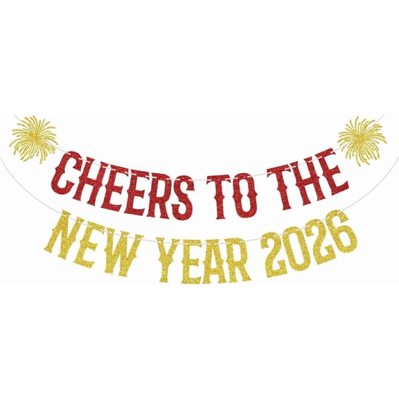 Red Glitter Cheers to the New Year 2026 Banner, Happy New Year 2026 Christmas Xmas Holiday Party Decorations Supplies