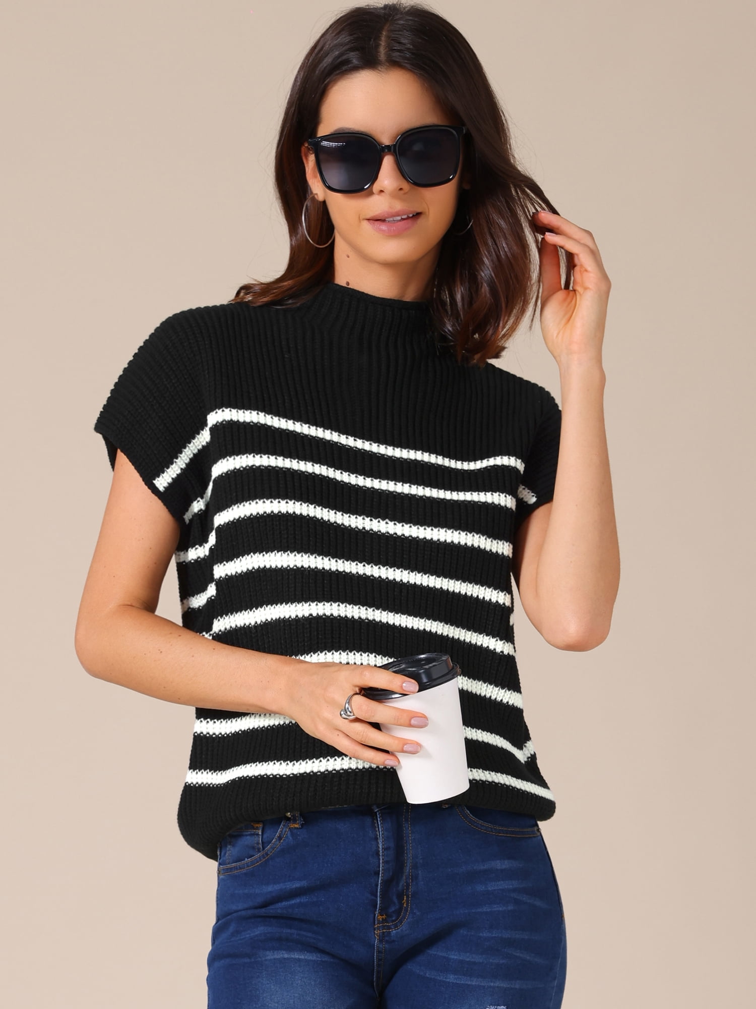 DARING DIVA Women's Mock Neck Striped Cap Sleeve Knit Tops L Black
