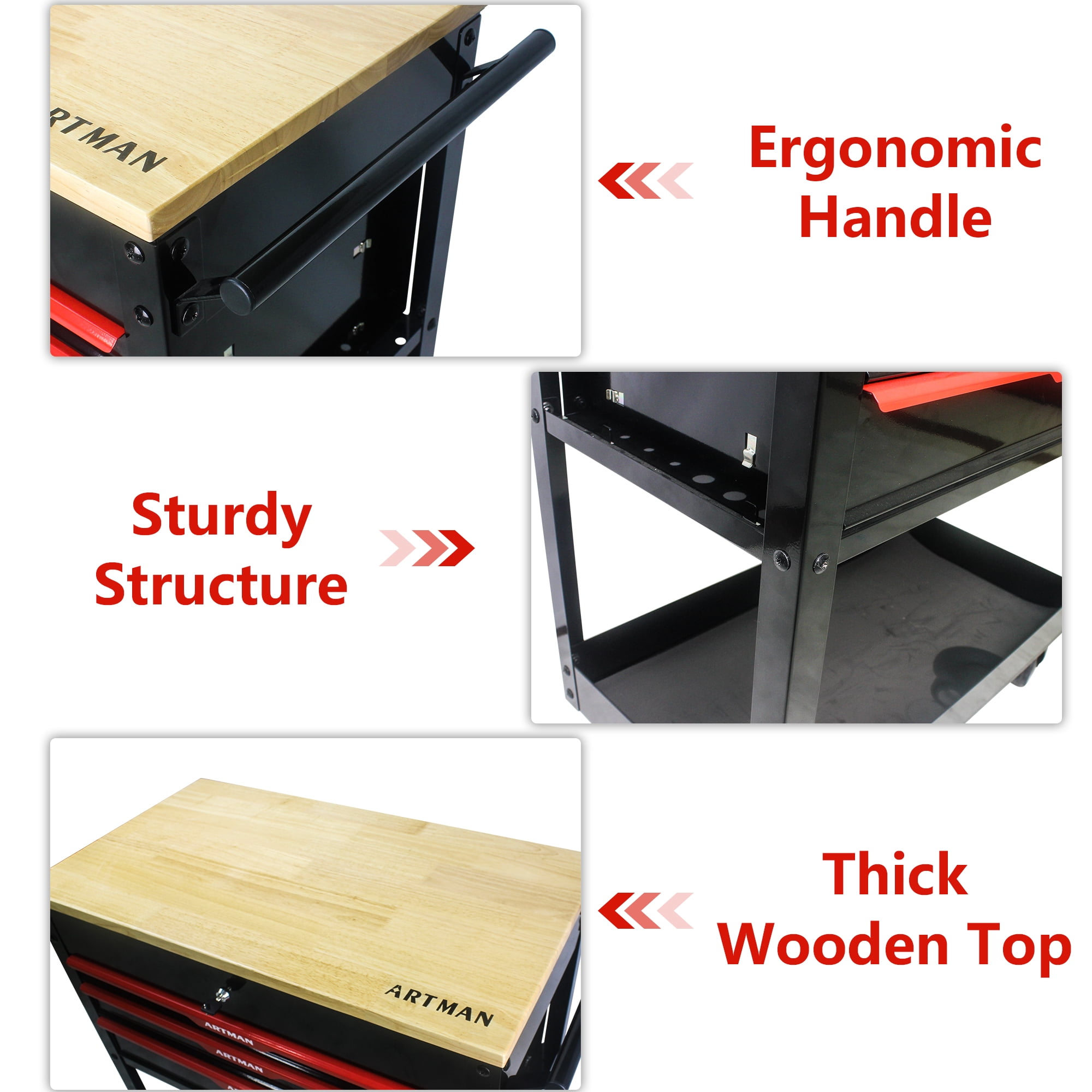 38-Inch Rolling Tool Chest, Tool Box with 3-Drawer, Multifunctional Mobile Tool Cabinet with Wheels and Wooden Top, Drawer Liner, Tool Cart for Workshop Mechanics Garage, Home Improvement