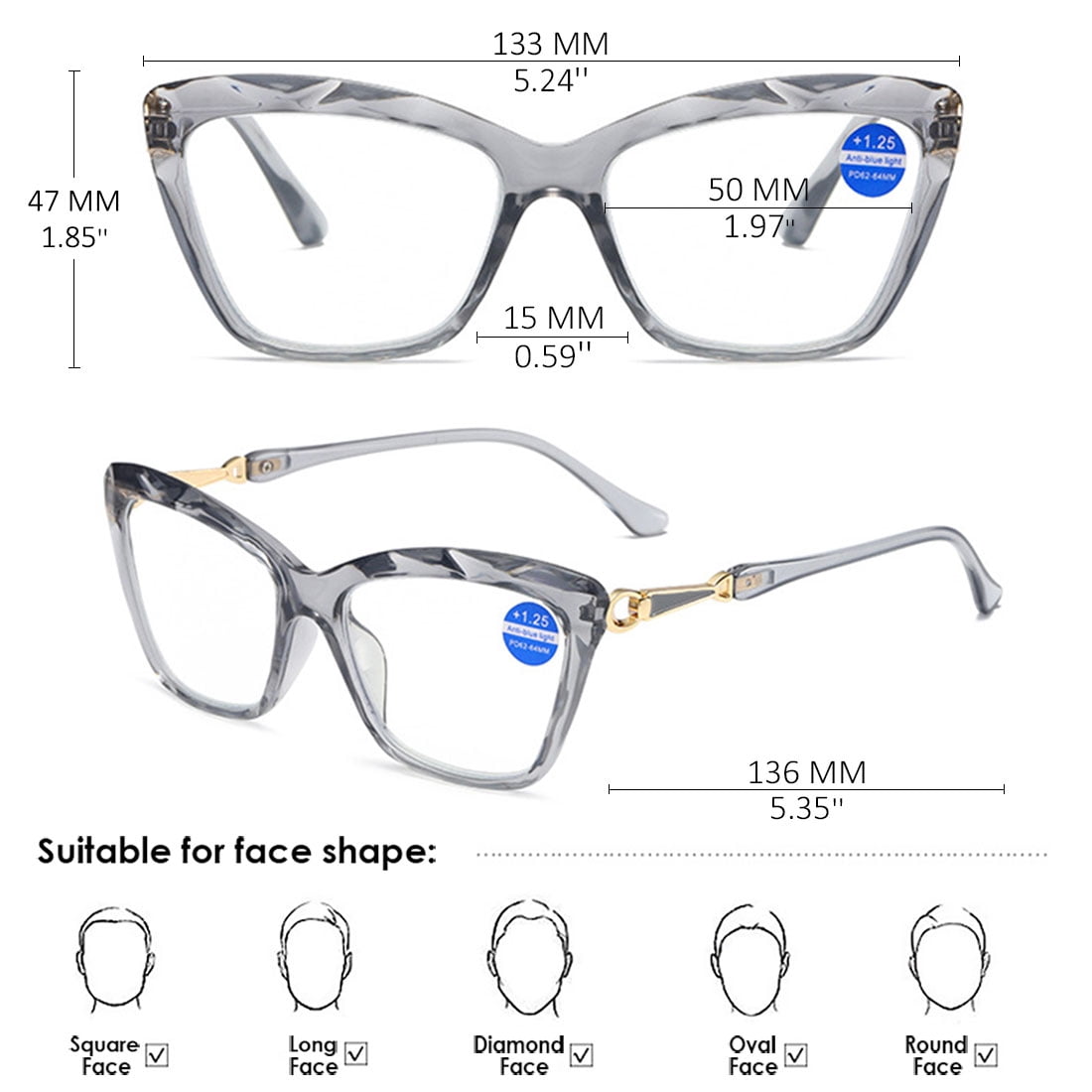 KOOSUFA Cat Eye Reading Glasses +1.0 Blue Light Blocking Fashion Crystal Frame Computer Readers Eyewear Eyeglasses for Women Grey