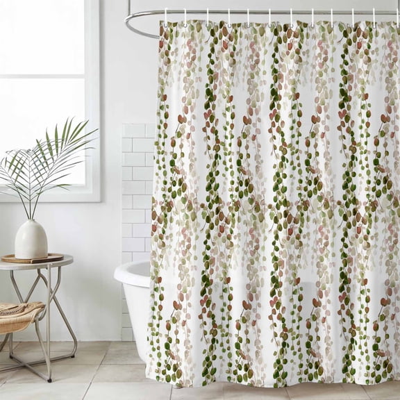 Green Pink Weeping Eucalyptus Shower Curtain Set, Waterproof Shower Curtains for Bathroom, Spring Summer Farmhouse Leaves Washable Fabric Bath Curtain for Bathtub Decoration with Hooks 60x72 Inches