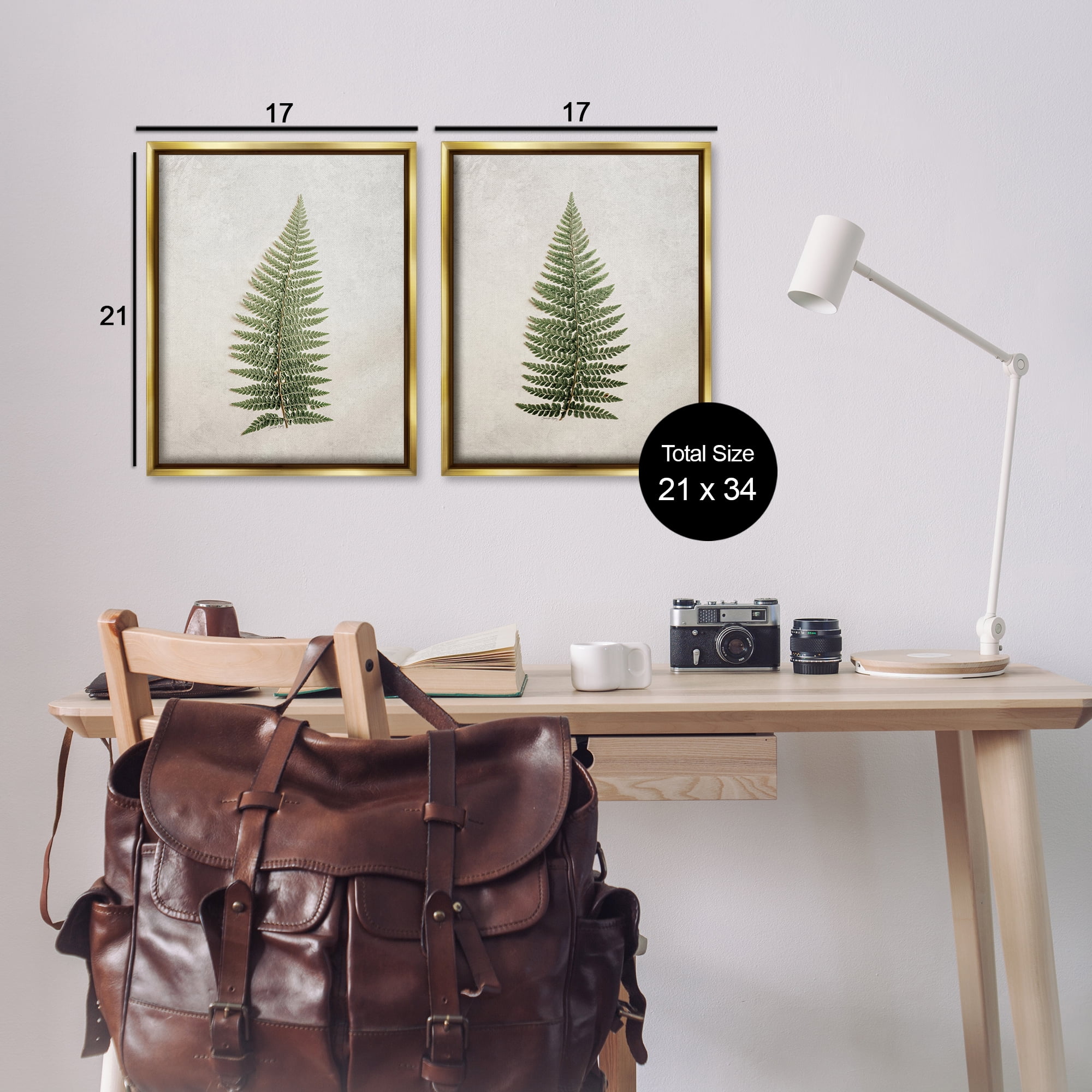 Stupell Industries Realistic Fern Leaves Plants & Flowers Painting Gold Floater Framed Canvas Art Print Wall Art, 17 x 21, Set of 2