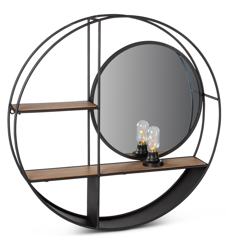 28.25" Black and Brown Unique Round Metal Wall Shelf with Round Mirror