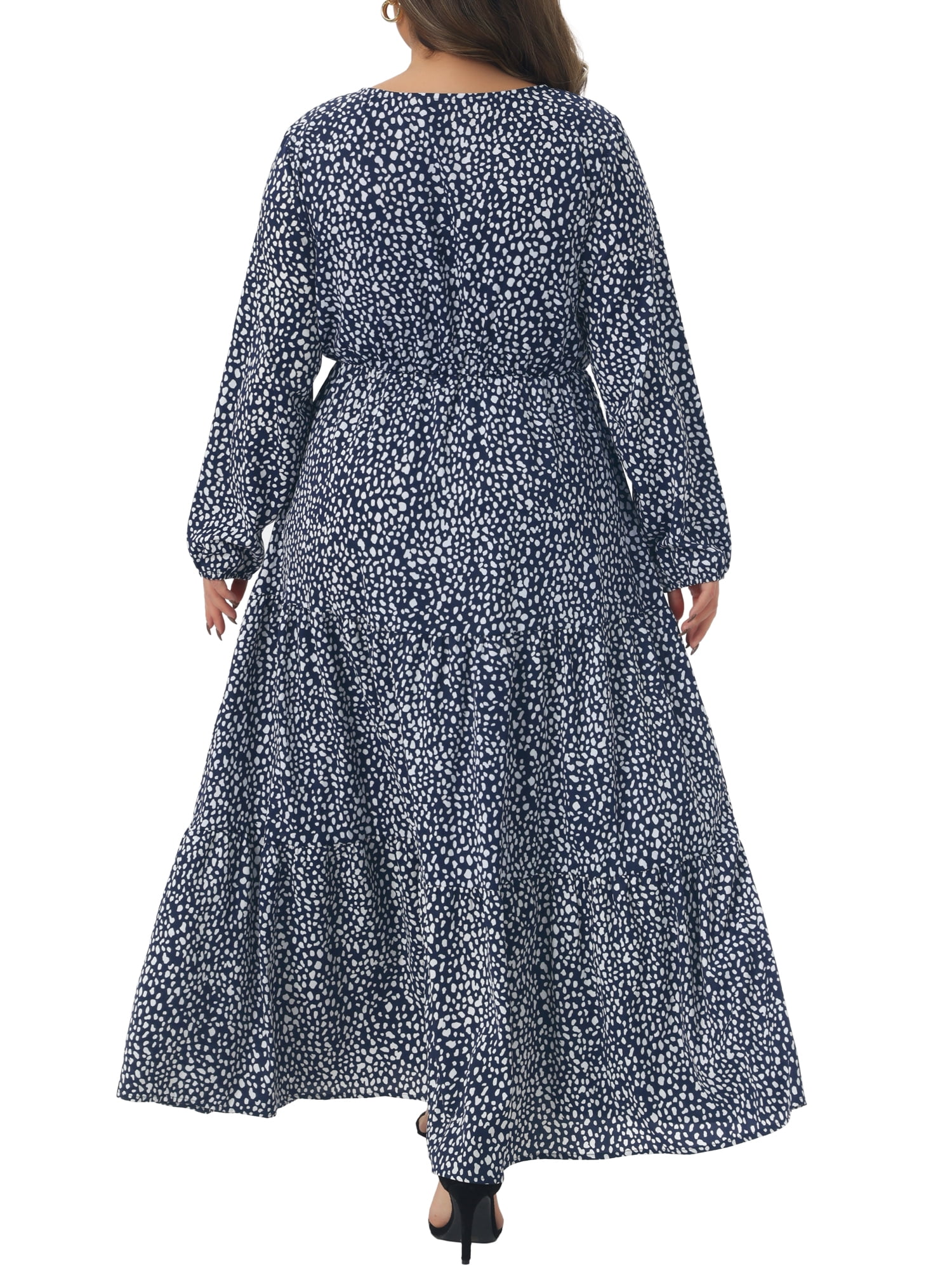 DARING DIVA Women's Plus Size Polka Dots Long Maxi Lantern Sleeve Dress 4X Navy Blue