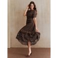 thumbnail image 2 of Coffee Brown Lace Sheath Dress With Short Sleeve And Ruffled Neckline, 2 of 30