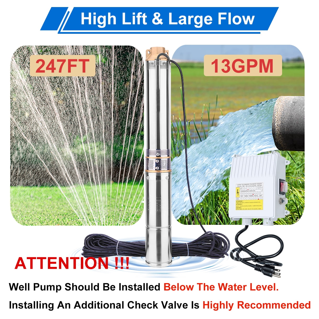 iMeshbean 3" Deep Submersible Well Pump 3/4 HP Submersible Well Pump 110V 13GPM Water Pump 247ft Head with 100ft Electric Cable Stainless Steel Water Well Pumps Submersible