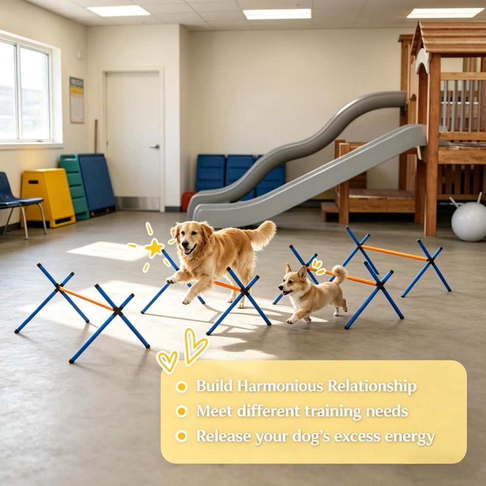 Dog Agility Training Set, 4 Jumps with 3 Adjustable Heights, Tool-Free Assembly, Oxford Carry Bag for All Skill Levels Dogs