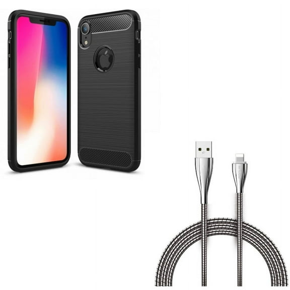 Case w Metal USB Cable for iPhone XR - Carbon Fiber Slim Fit Cover Reinforced Bumper Shock Absorbent, 6ft Charger Cord Power Wire Braided Compatible With iPhone XR