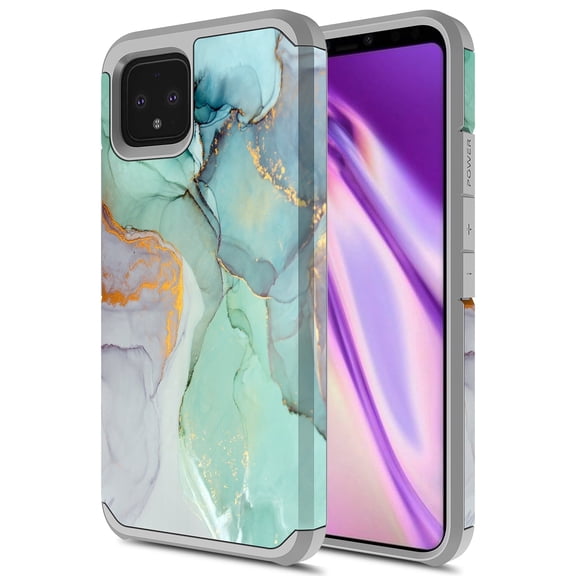 Google Pixel 4 XL Case, Kaesar Slim Hybrid Dual Layer Shockproof Hard Cover Graphic Fashion Cute Colorful Silicone Skin Cover Armor Case for Google Pixel 4 XL (Green Marble)