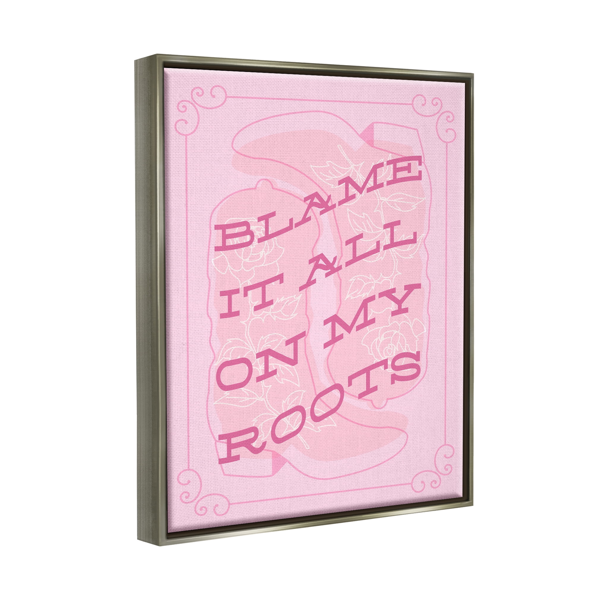 Stupell Industries Blame on My Roots Phrase Typography Painting Gray Floater Framed Canvas Art Print Wall Art, 25 x 31