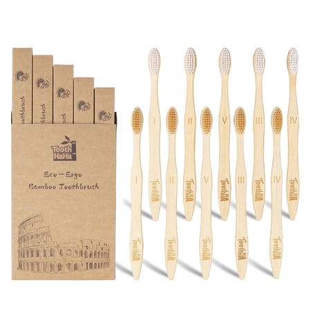 Tooth HaHa Bamboo Toothbrushes 10 Pack, BPA-Free Soft Bristle Toothbrush, Eco-Friendly, Natural Wooden Toothbrush, Vegan Organic Travel Toothbrush Pack for Adults