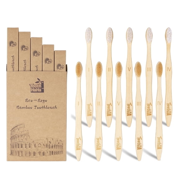 Tooth HaHa Bamboo Toothbrushes 10 Pack, BPA-Free Soft Bristle Toothbrush, Eco-Friendly, Natural Wooden Toothbrush, Vegan Organic Travel Toothbrush Pack for Adults