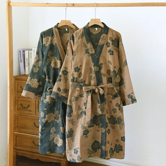 Yarn-dyed Cotton Jacquard Elegant Kimono Robe Traditional Loose Yukata Bathrobe Mid-Length Loungewear for Women 165/88A/L(Apricot)