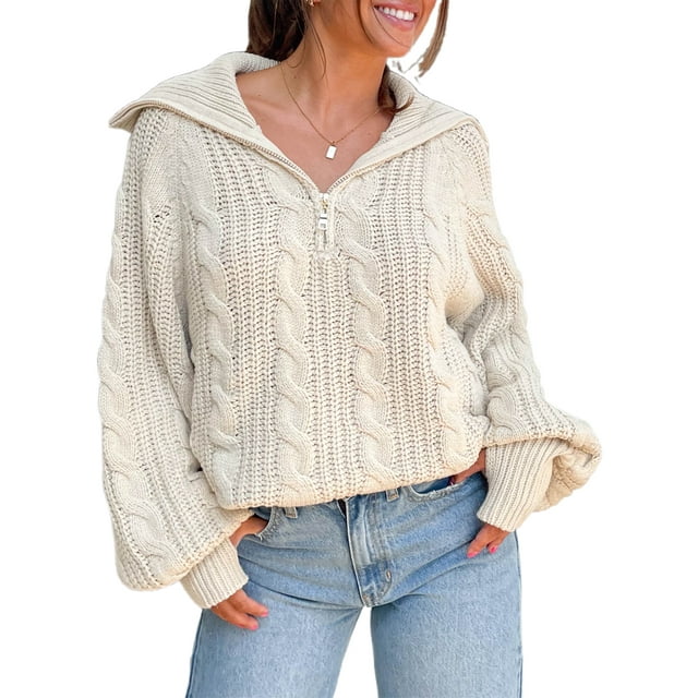 Gupgi Sweaters for Women Trendy Zip Up Long Sleeve Solid Color Sweater Tops Fall Lapel Cable Knit Pullover