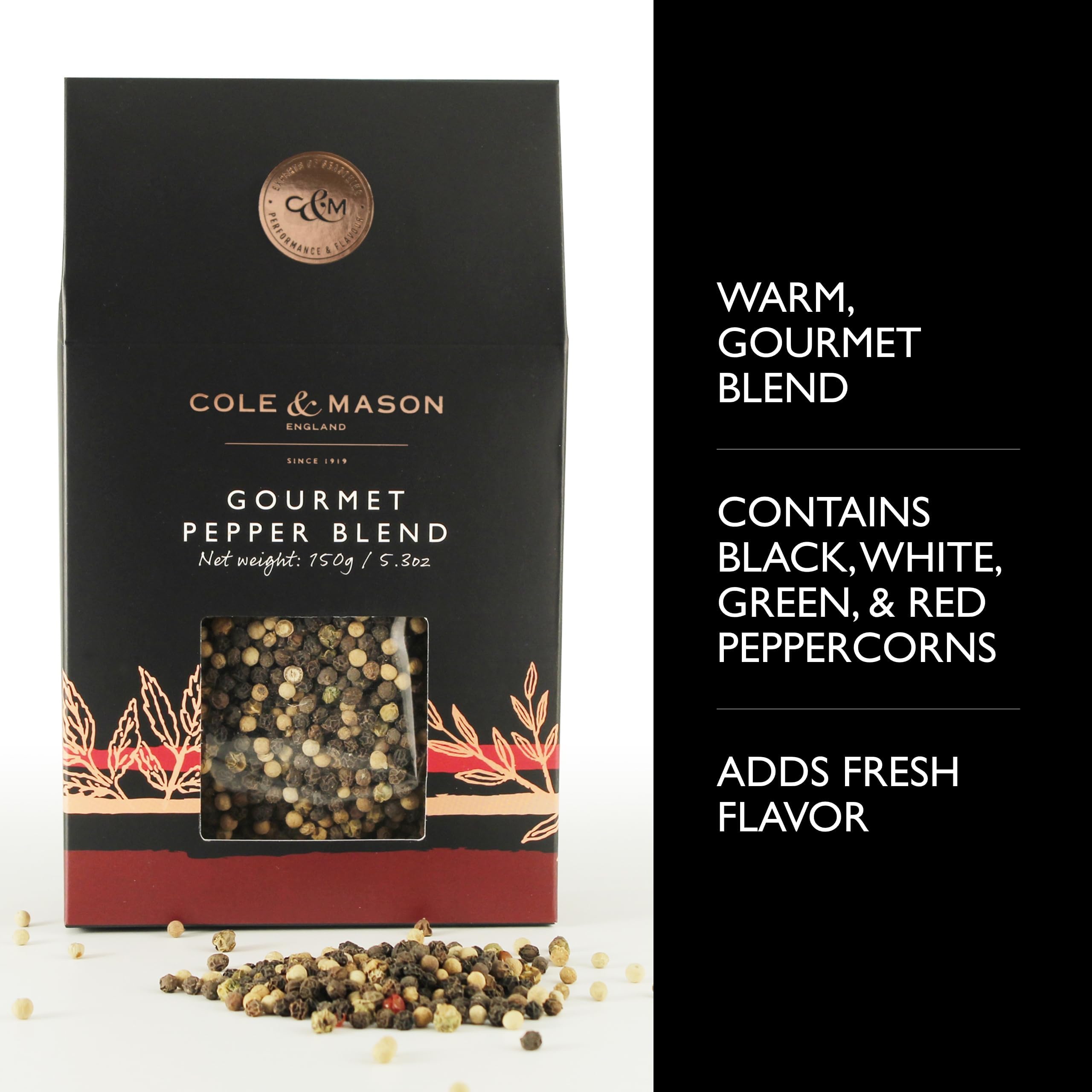 Cole & Mason Gourmet Spice Refill Box - Pairs Well with Chicken, Beef, Pork & More - Peppercorn Refill for Pepper Mill Grinder - Gourmet Pepper 5.3 Oz Box