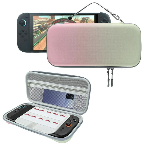 Compatible with Nintendo Switch 2 Protective Travel Case Shell Pouch with Multiple Pockets for Accessories & Games-Pink Green