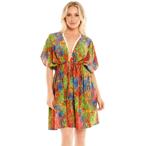 HAPPY BAY Women's Beachwear Summer Swim Beach Dress Cover ups for Swimwear Women Loose Front Tie Swimsuit Coverups for Women XL-XXL Tangerine, Leaves