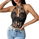 thumbnail image 3 of Top Corto de Encaje con Espalda Halter para Mujer, Estilo Cheongsam , con Cuello Halter Negro M, 3 of 10