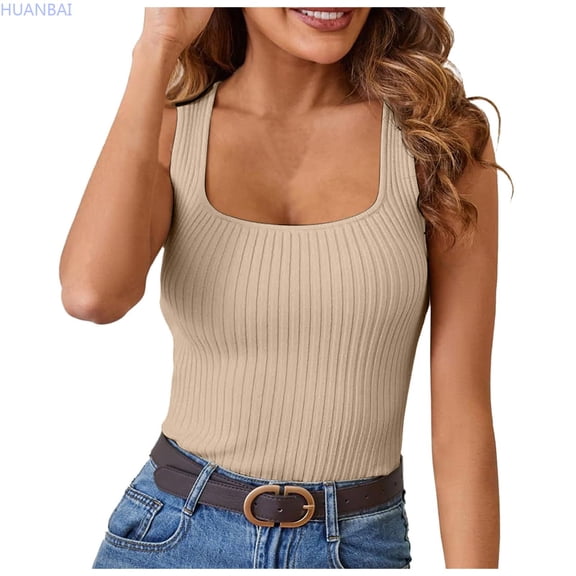 HUANBAI Womens Ribbed Tank Tops Summer Scoop Neck Slim Fitted Tops Basic Knit Sleeveless Shirts Tank Tops for Women