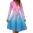 thumbnail image 2 of WTOBBY Women's Fashion Casual V-Neck Long Sleeve Waist Gradient Print Midi Dress Ombre Color Effect for Modern Look Flowy Silhouette with Tie Detail Perfect Transitional Dress,Pink S, 2 of 5