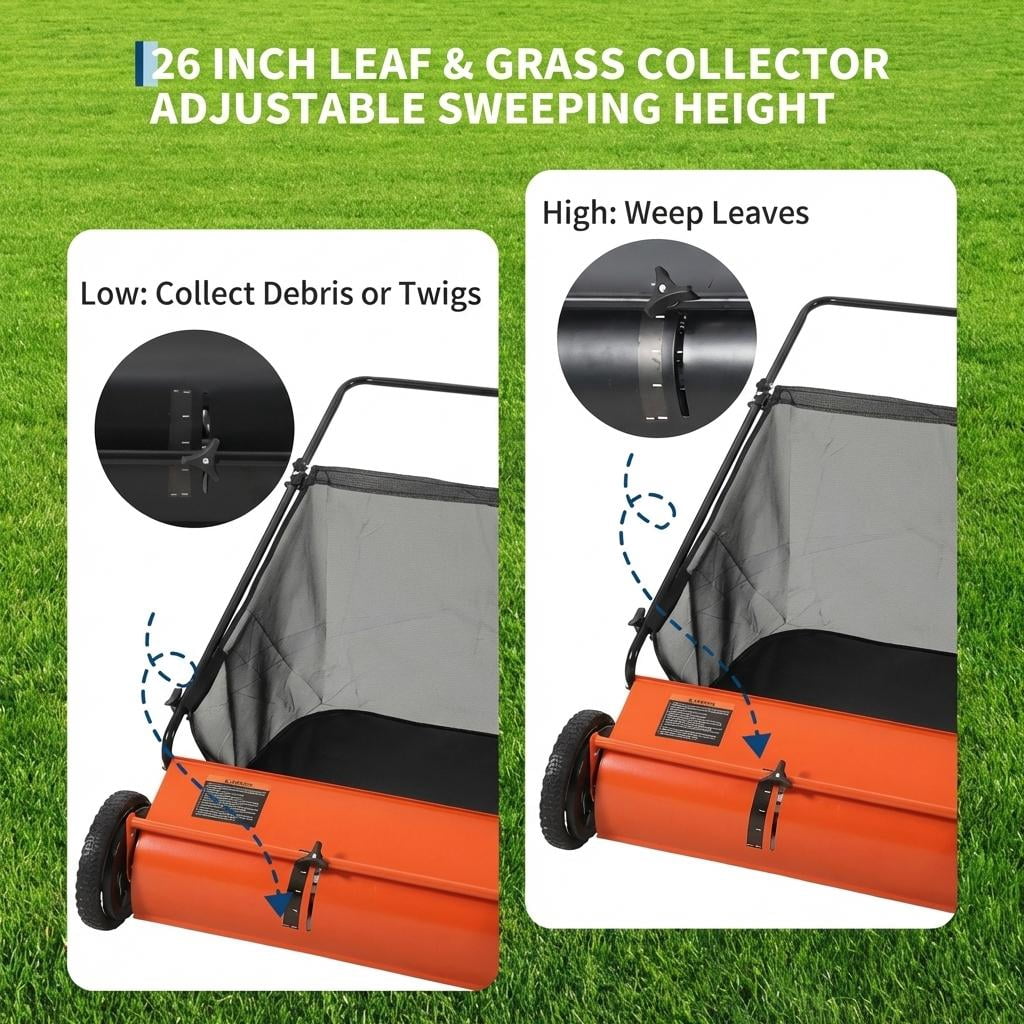26-Inch Push Leaf Collector, 7 Cubic Feet Hopper Lawn Sweeper with 4 Rotating Brushes, Heavy-Duty Steel Frame for Yard/Driveway/Patio Cleaning, Orange
