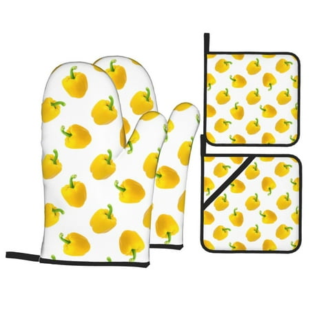 

Oven Mitts and Pot Holders 4 pcs Set yellow Bell Pepper Print Heat Resistant Pot Holders Oven Mitts for kitchen Non-Slip Hanging Loop Oven Glove Potholders for Baking Cooking