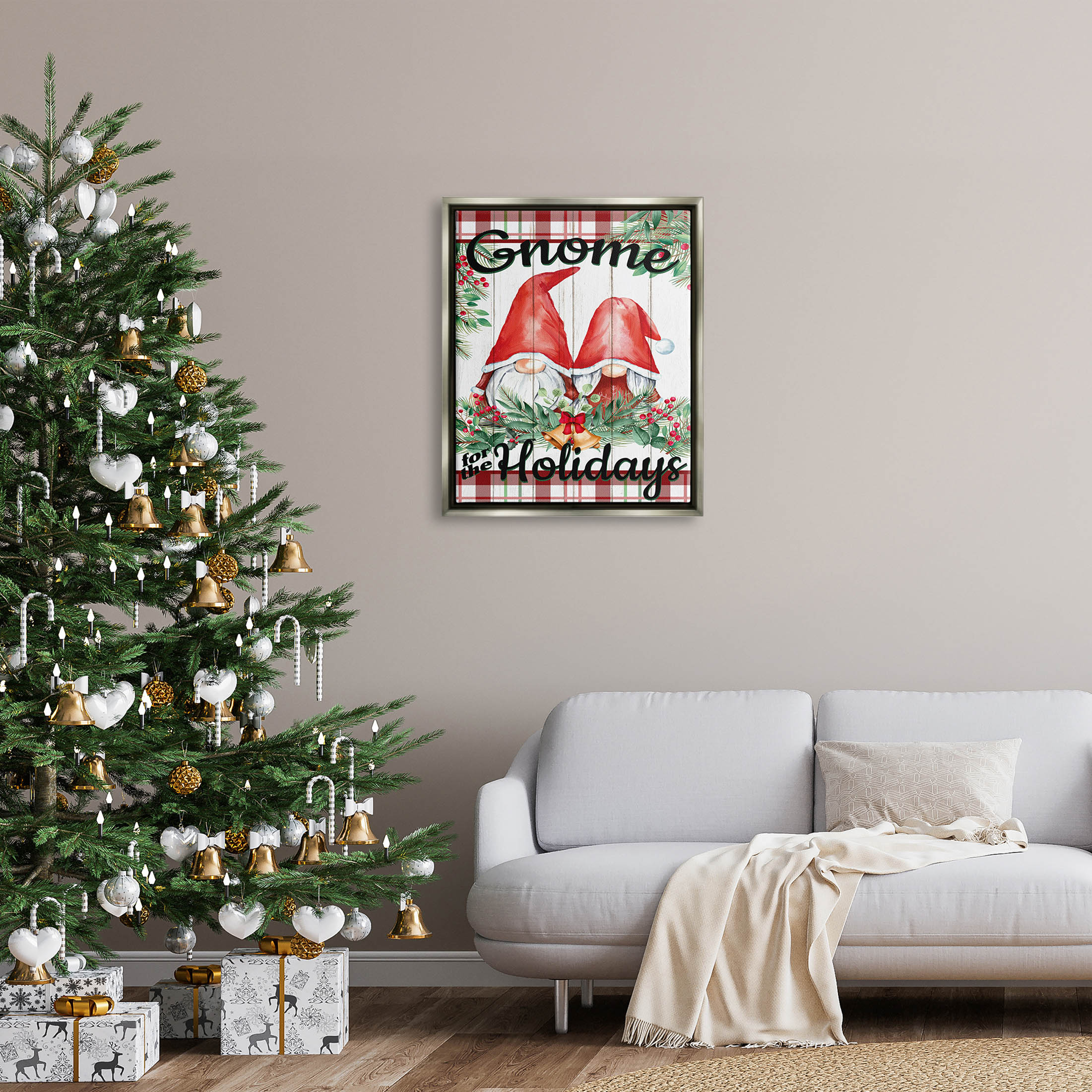 Stupell Industries Gnome For The Holidays Plaid Graphic Art Luster Gray Floating Framed Canvas Print Wall Art, Design by Kim Allen