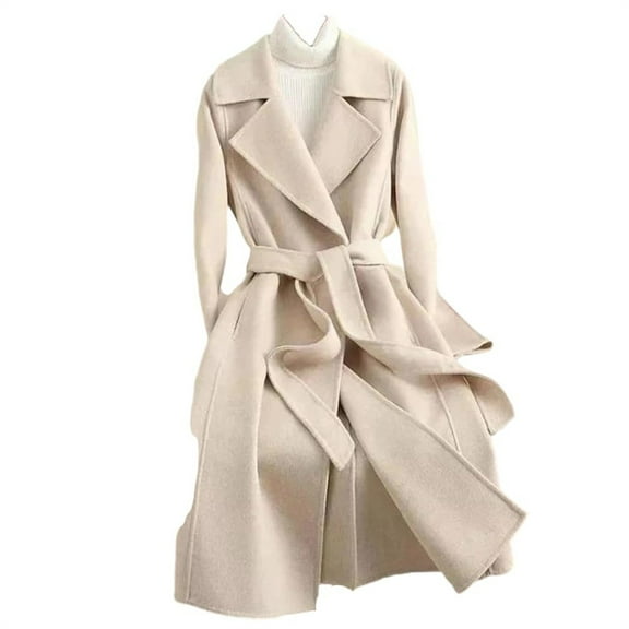 Women's Long Wool Blend Trench Coat, Classic Belted Waist Overcoat, Knee Length Dress Coat, Slim Fit Winter Coat, Solid Color Pea Coat, Formal Trench, Elegant Outerwear Beige L