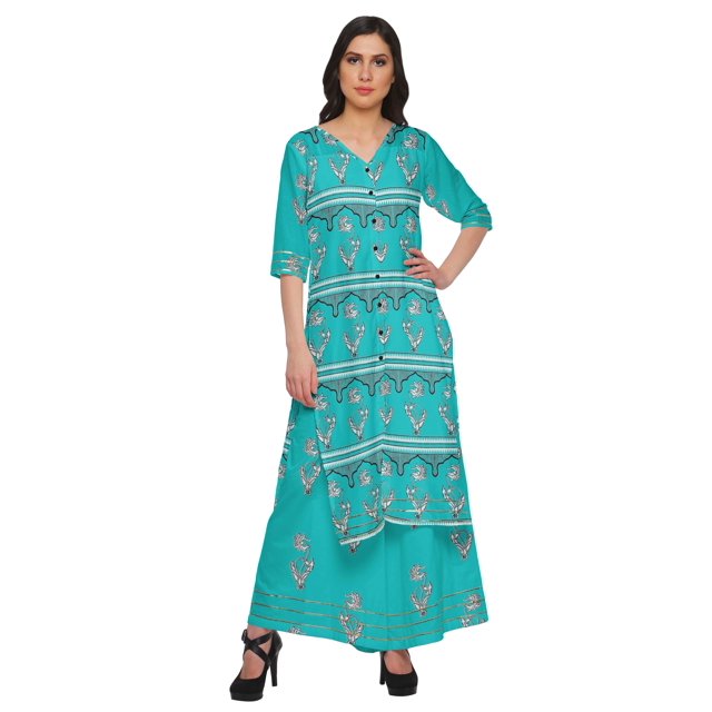 Moomaya Kurta Imprimée Col en V et Pantalon Palazzo Ensemble Robe Ethnique pour Femmes