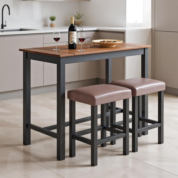 Topcobe 3 Piece Set Pub Dining Table with Stools, Living Dining Room Furniture Set, Brown