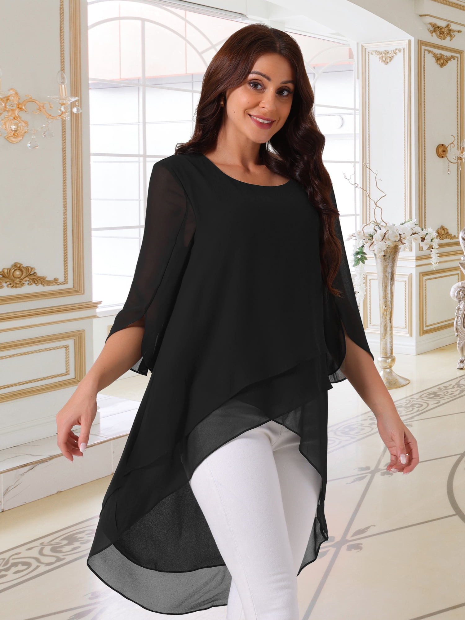 DARING DIVA Women's 3/4 Sleeve High Low Hem Scoop Neck Chiffon Blouses M Black