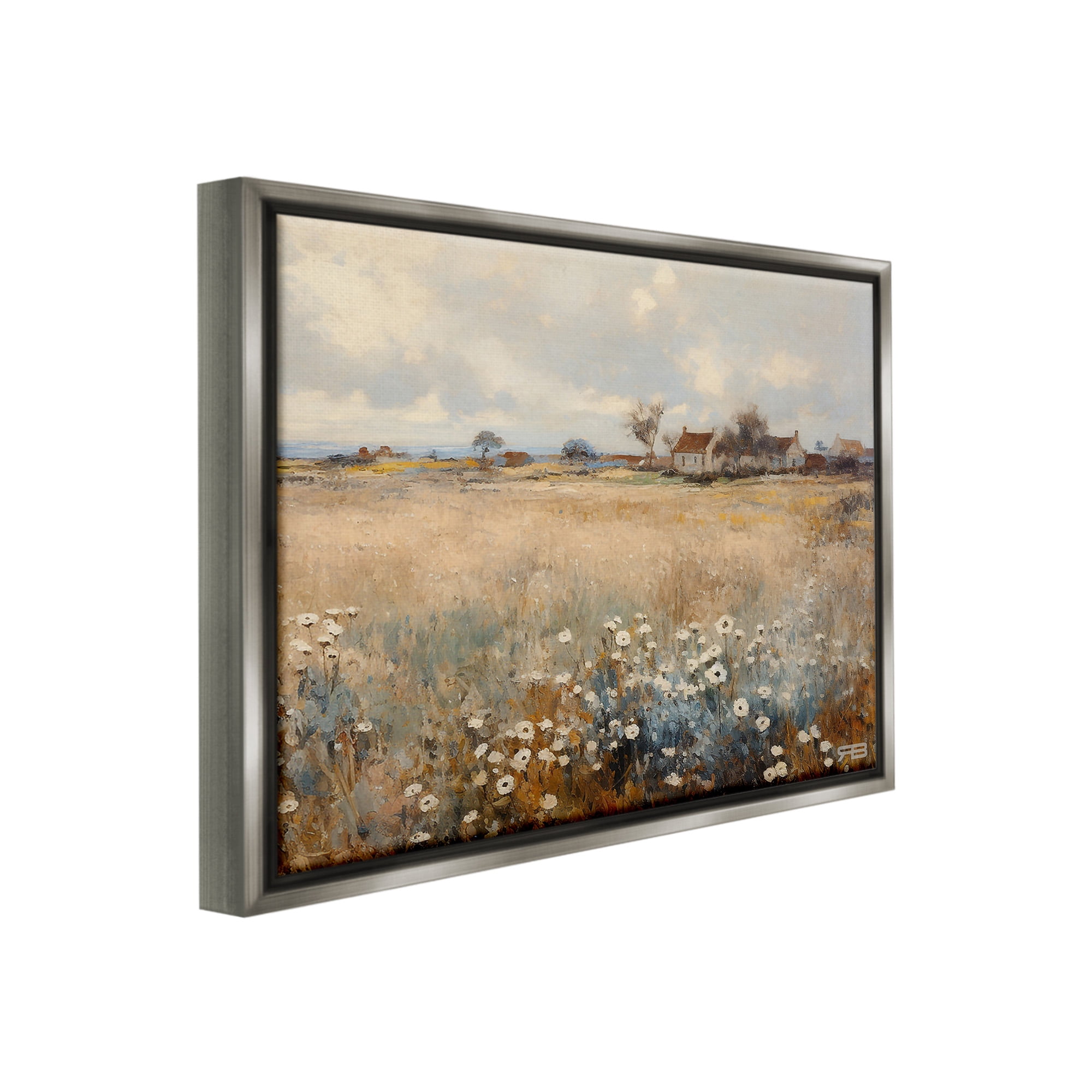Stupell Industries Cottage & Natural Meadow Landscape Painting Gray Floater Framed Canvas Art Print Wall Art, 31 x 25