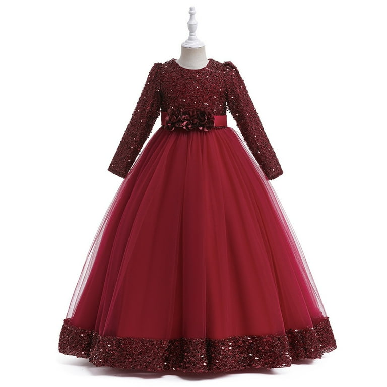 Luogenli Girls Dresses Size 12-14 Casual Kids Toddler Girls Christmas Long Sleeve Print Tulle Embroidery Lace Ruffles Party Evening Dress Wedding