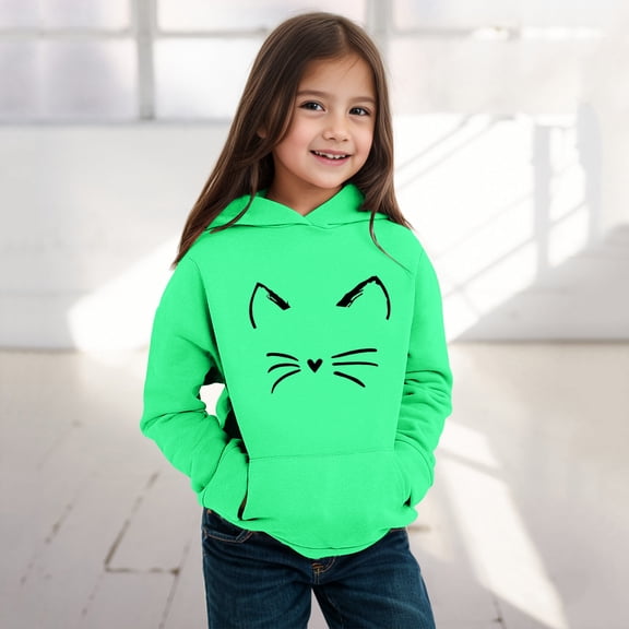Angala Little Girls Hoodies Sweatshirts Dailywear Fall Winter Long Sleeve Cute Print Kangaroo Pocket Girl Tops Size 6-7 Years Green