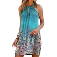 thumbnail image 1 of MAWCLOS Robe d'Été de Plage pour Femme, Col Licou, Robes Courtes Sans Manches, Mini-Robe, Caftan de Voyage, Imprimé Géométrique, Bleu et Fleurs Brisées, S, 1 of 2