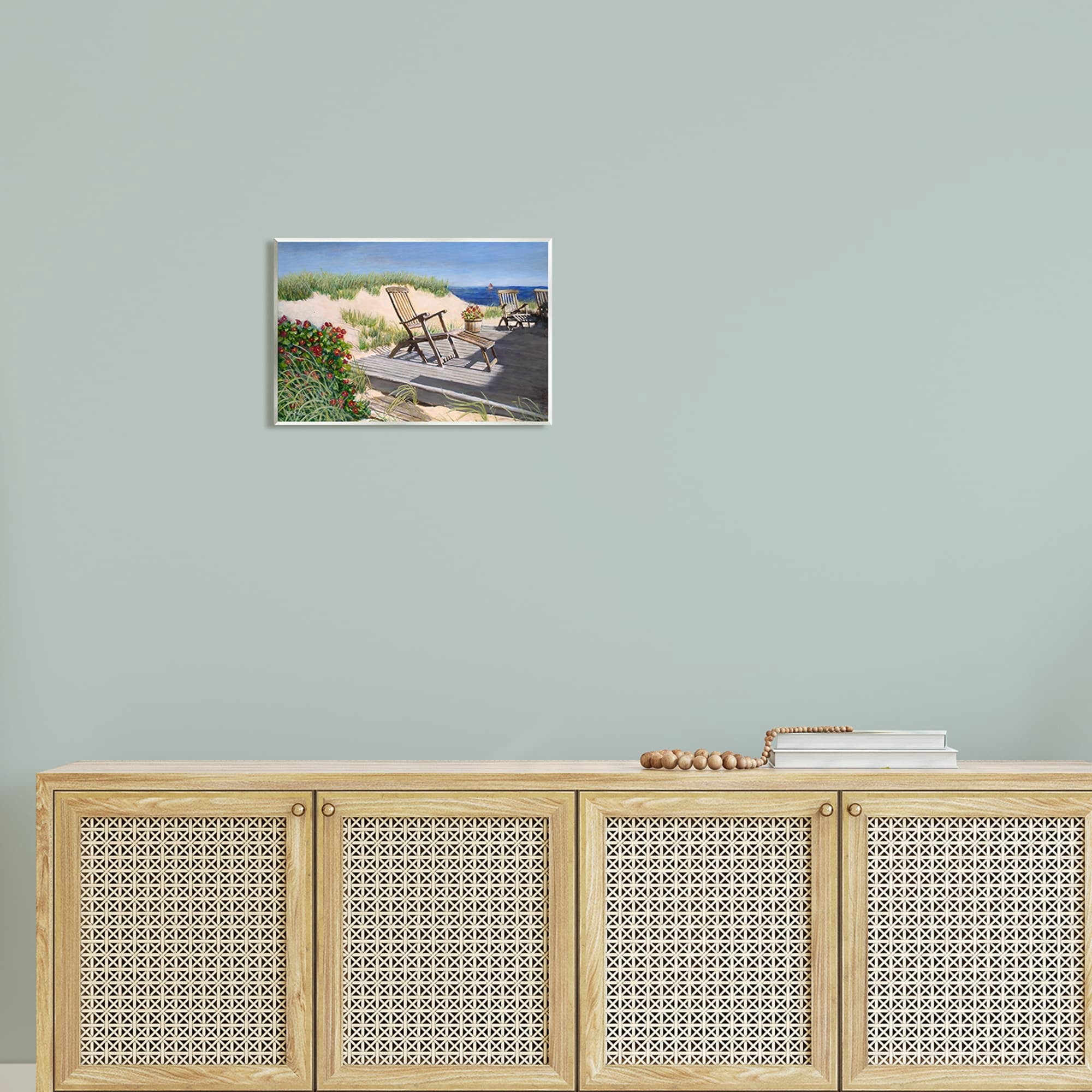 Stupell Industries Relaxing Waterfront Boardwalk Beach Chairs Summer Scene Painting Unframed Art Print Wall Art, Design by Tom Mielko
