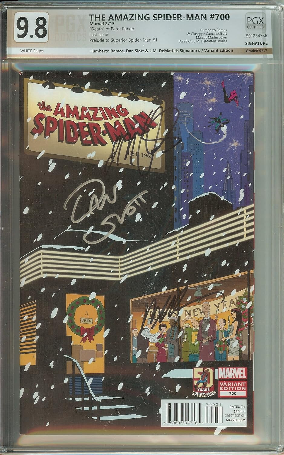 Autographed PGX (not CGC) 9.8 Amazing Spider-man #700 Marcos Martin Variant Signed Dan Slott JM DeMatteis Humberto Ramos